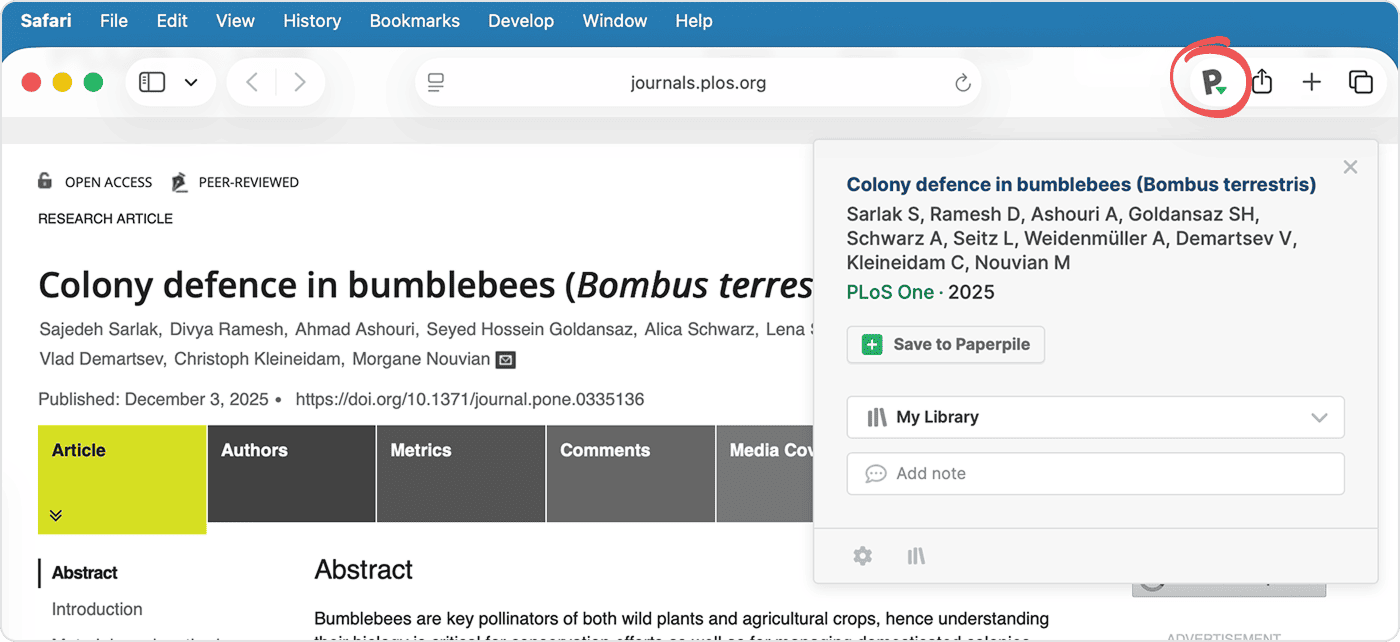 Safari on a PLoS One article with the circled Paperpile button in the toolbar and its popup open, showing the detected reference, a “Save to Paperpile” button, a “My Library” selector and an “Add note” field.
